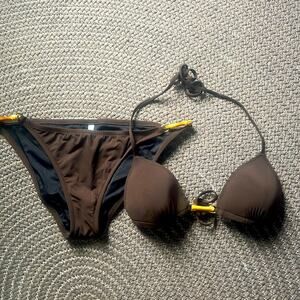 J. Crew NWOT Dark Brown w/ Bamboo Details String Bikini Size M Cup Size C